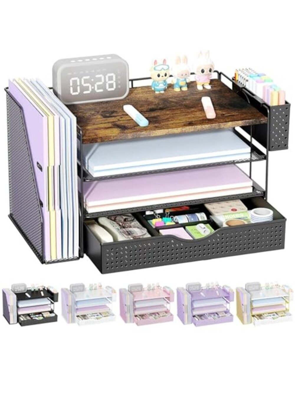 Wood Desktop Organizer Multi Tier Office Storage Rack Pen Holder Drawer Tray